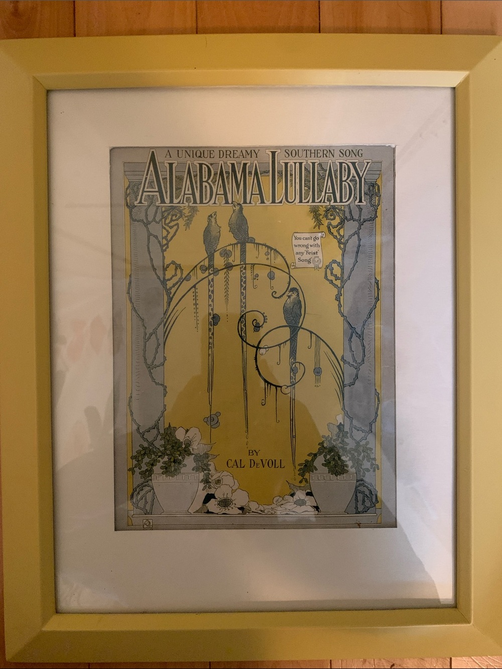 Vintage Antique 1919 Art Deco Art Nouveau Alabama Lullaby Sheet Music Framed